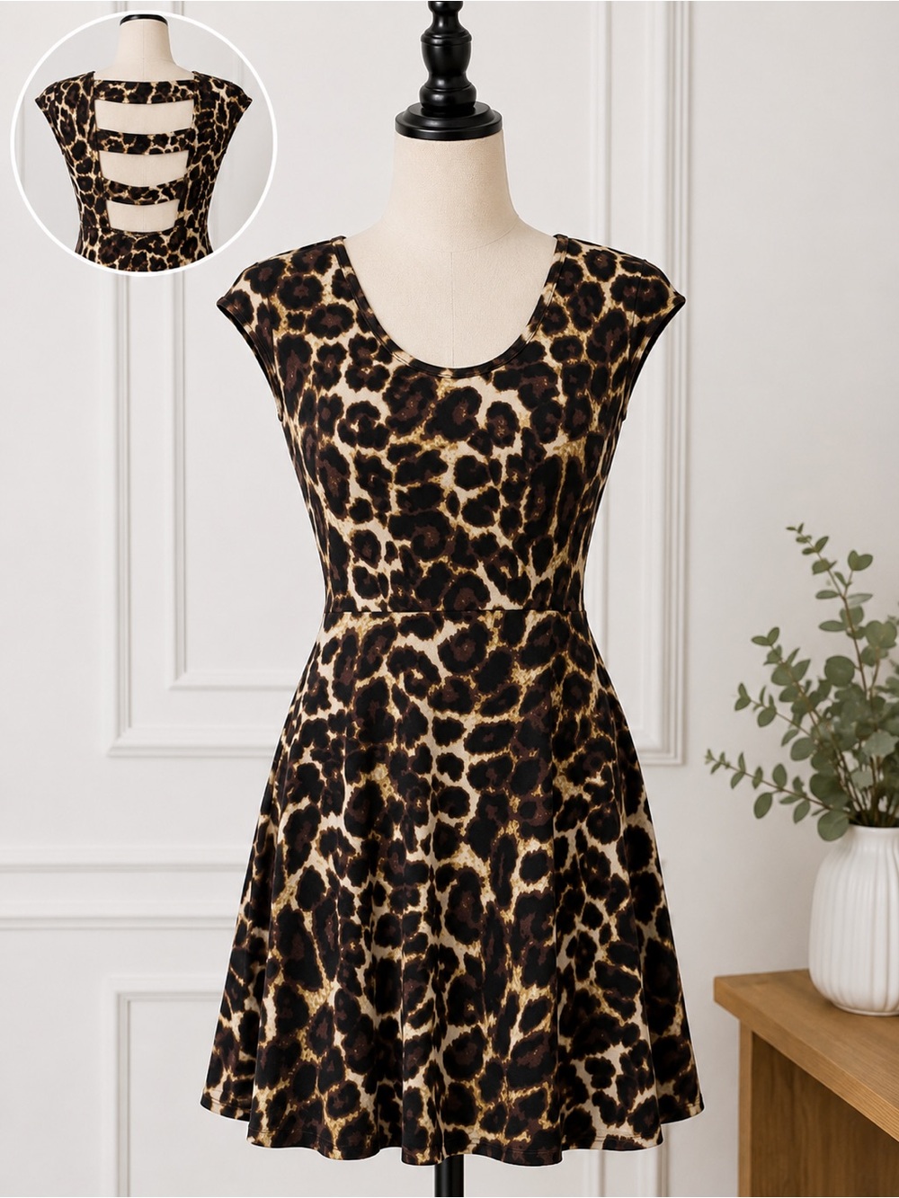 Leopard Print Cap Sleeve Skater Dress - Brown/Black